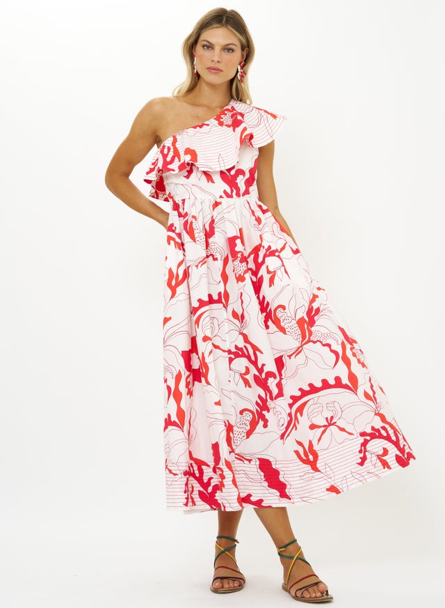 oliphant red dress Belted Ric-Rac Circle Skirt Midi Shirt Dress, Sconset Red, Small